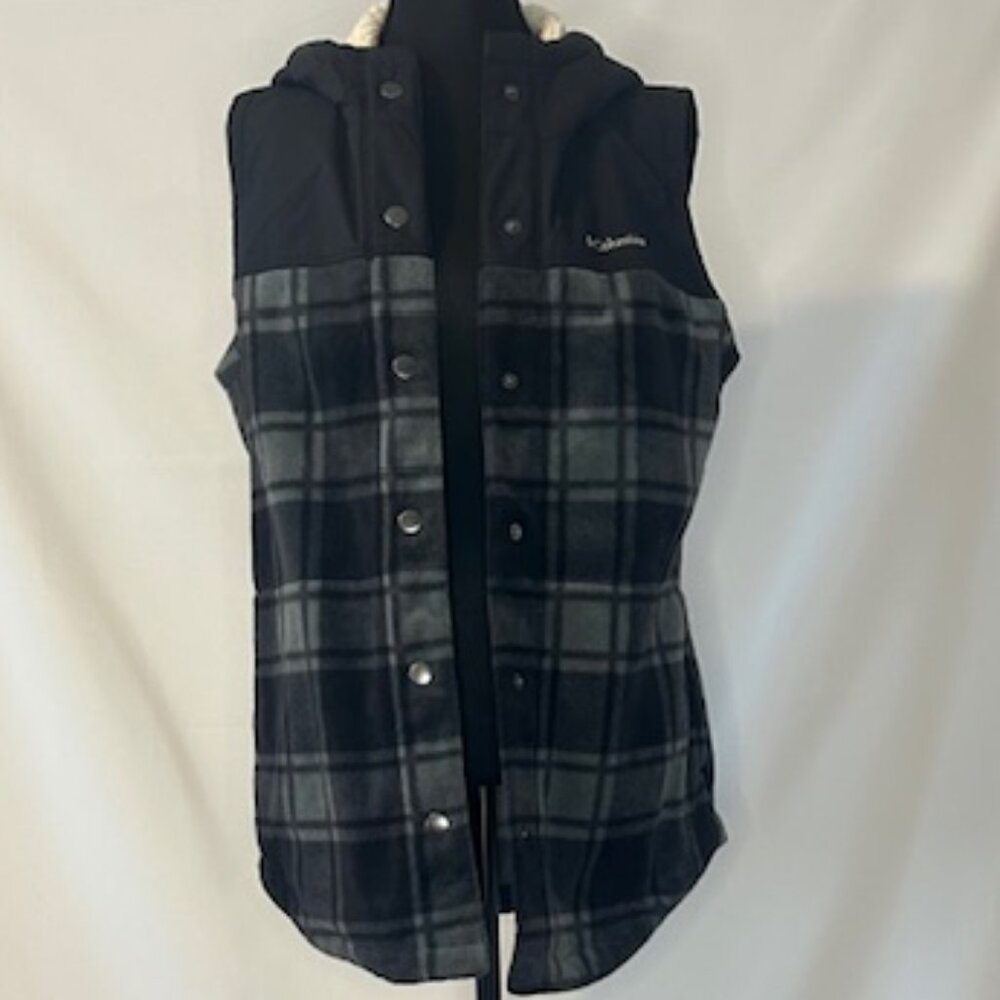 Columbia Women's Black & Gray Plaid Hooded Fleece Vest